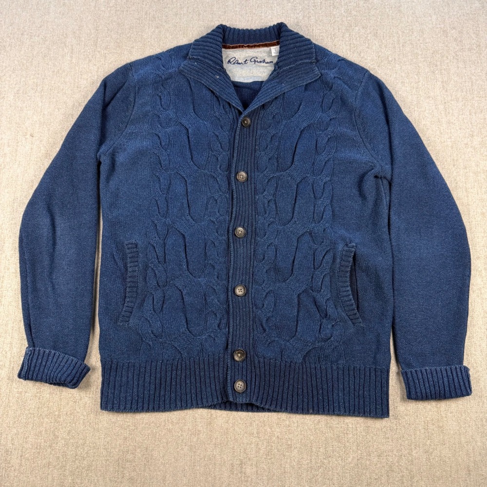 Robert Graham Cardigan Mens Small Blue Cable Knit Shawl Collar Cotton Sweater